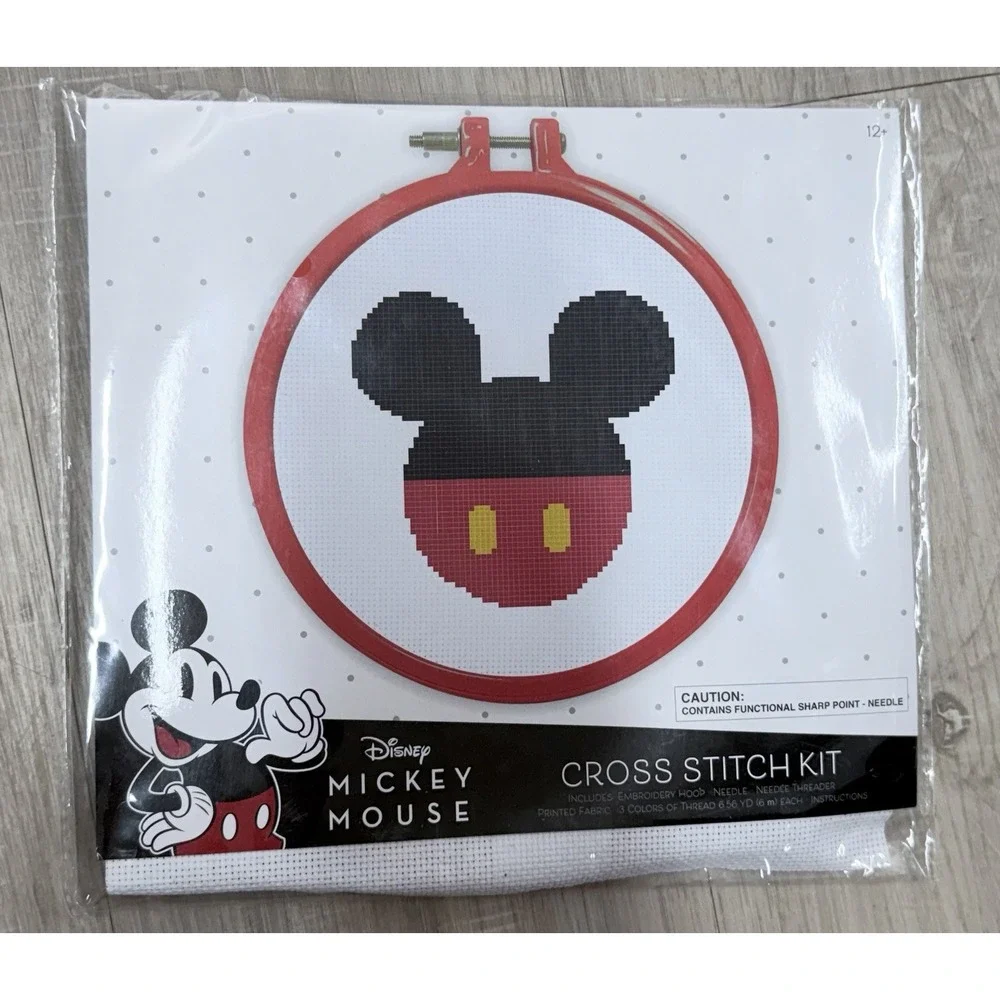 Disney Mickey Mouse Counted Cross Stitch Kit, Thread Hoop Needle Fabric Threader